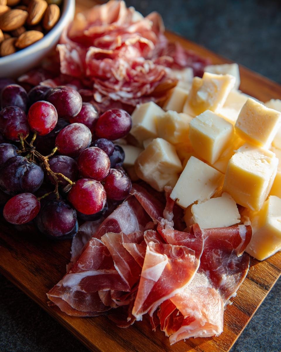 Close-up of a wooden board featuring cubed cheese, prosciutto, salami, and red grapes for How To Make The Best Charcuterie Board.