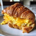 A close-up of a Cheesy Everything Breakfast Croissant Sandwich filled with scrambled eggs and melted cheese.