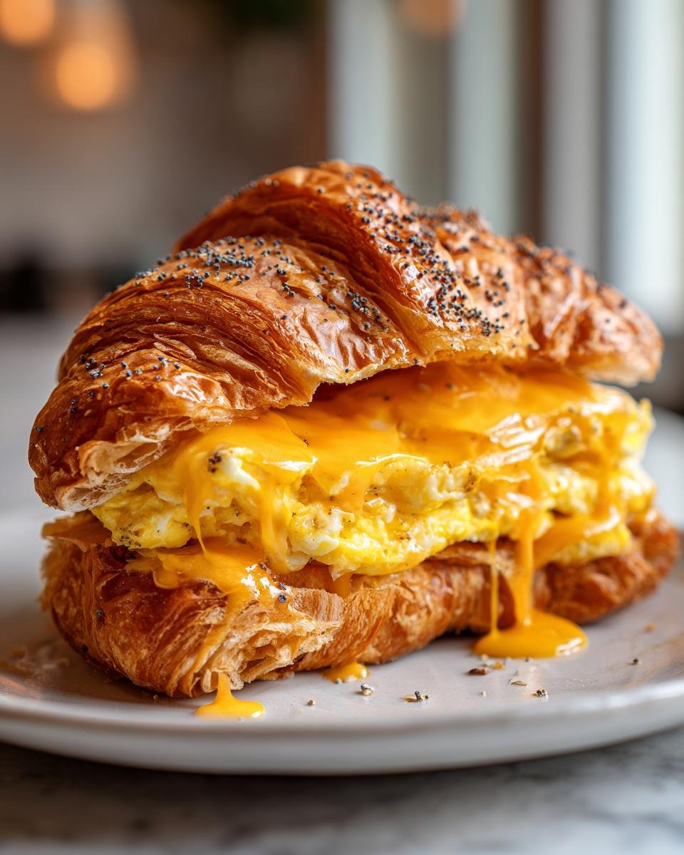 A close-up of a Cheesy Everything Breakfast Croissant Sandwich with fluffy eggs and melted cheddar cheese dripping down.