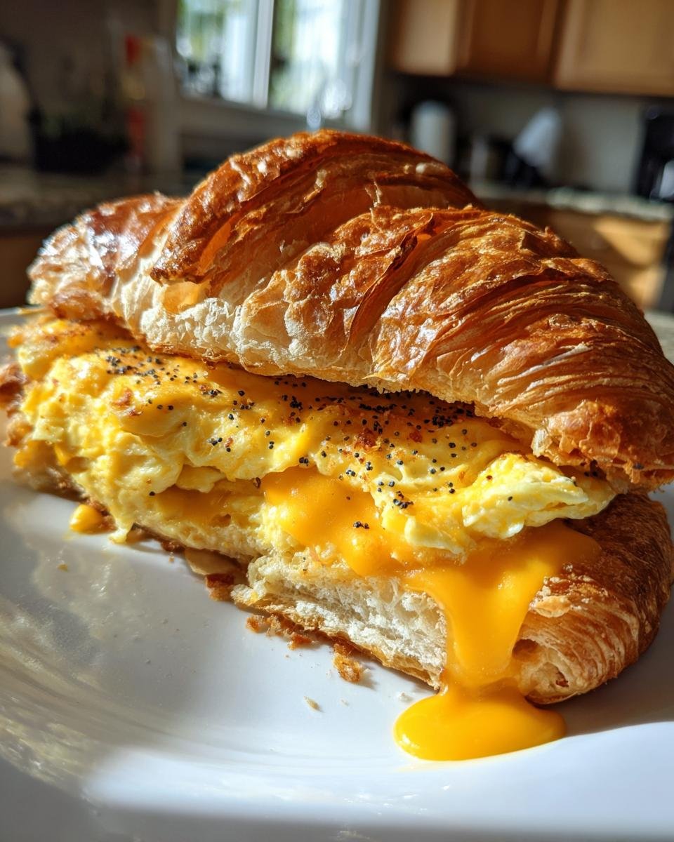 A close-up of a Cheesy Everything Breakfast Croissant Sandwich with fluffy eggs and melted cheddar dripping onto a white plate.