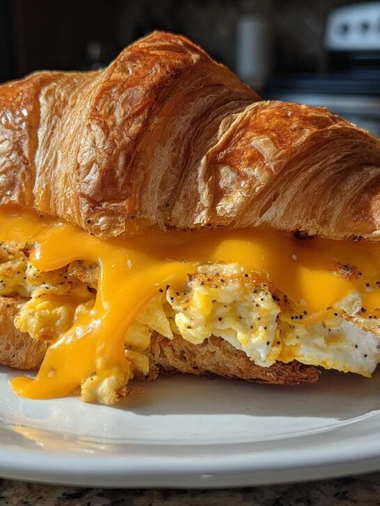 A close-up of a Cheesy Everything Breakfast Croissant Sandwich filled with scrambled eggs and melted cheddar cheese.