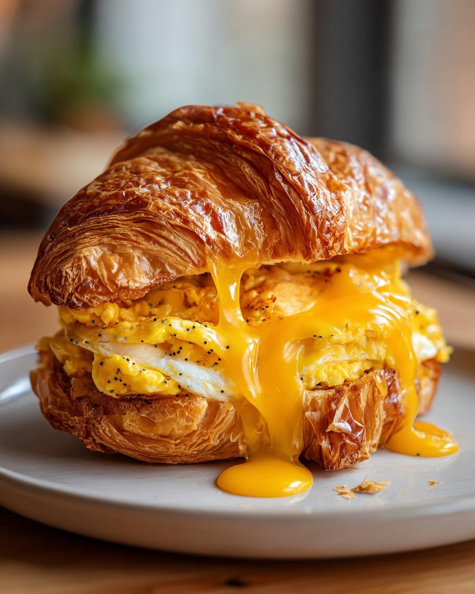 Close-up of a Cheesy Everything Breakfast Croissant Sandwich with melted cheese dripping over the egg filling.