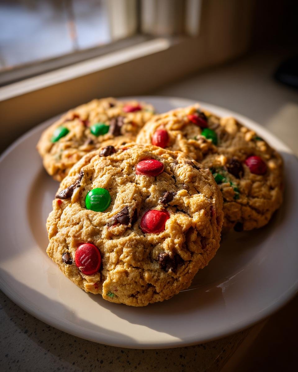 Three chewy Christmas Monster Cookies loaded with chocolate chips and red and green candies on a white plate.