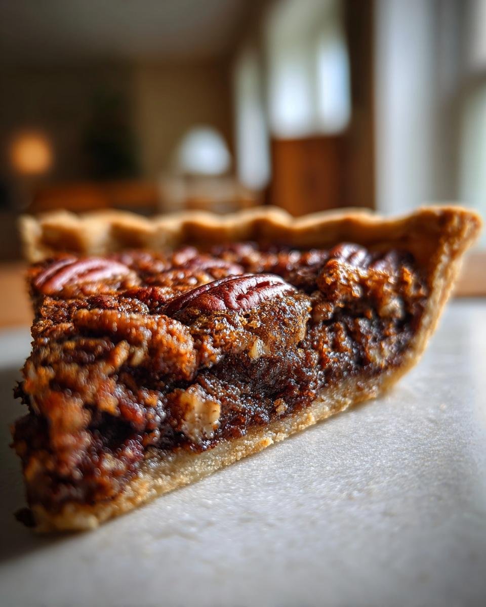A close-up, low-angle shot of a rich slice of Chocolate Bourbon Pecan Pie showing the flaky crust and gooey filling.
