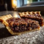 Close-up of a slice of Chocolate Bourbon Pecan Pie showing the gooey filling and pecan topping.