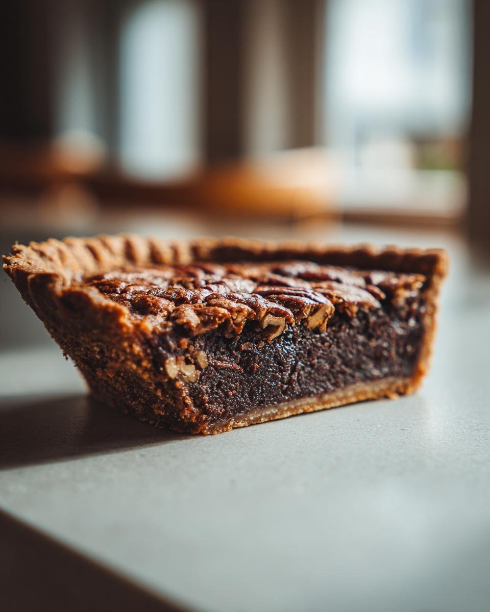 Close-up of a rich, dark slice of Chocolate Bourbon Pecan Pie showing the gooey filling and pecan topping.