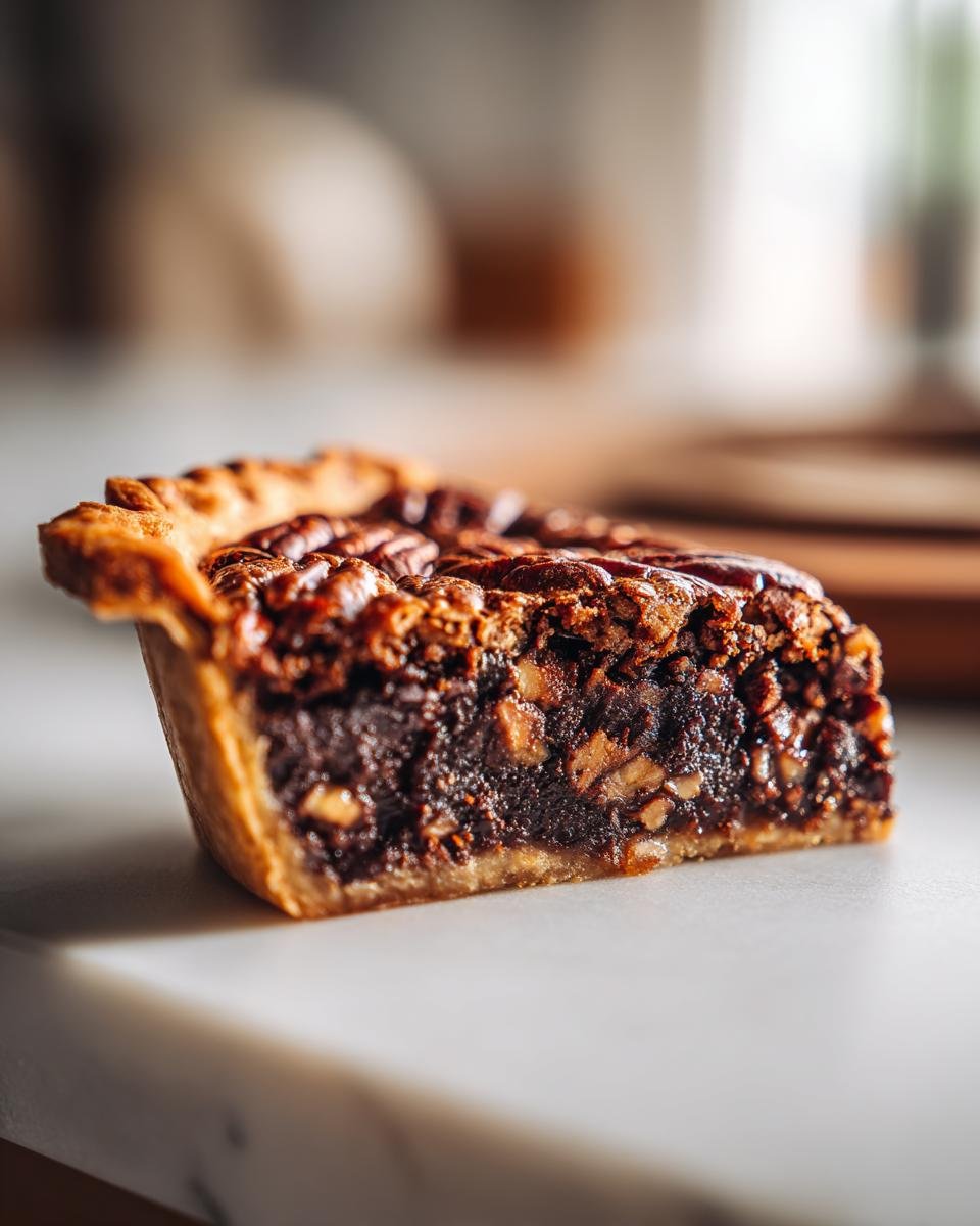 Close-up of a decadent slice of Chocolate Bourbon Pecan Pie showing the dark filling and pecans.