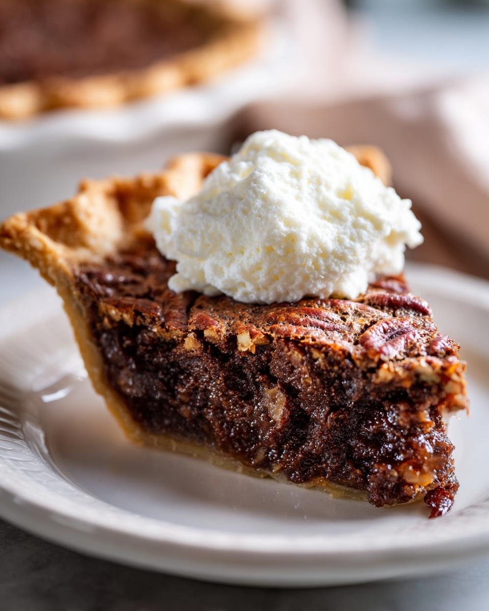 Close-up of a rich slice of Chocolate Bourbon Pecan Pie topped with a dollop of fresh whipped cream.