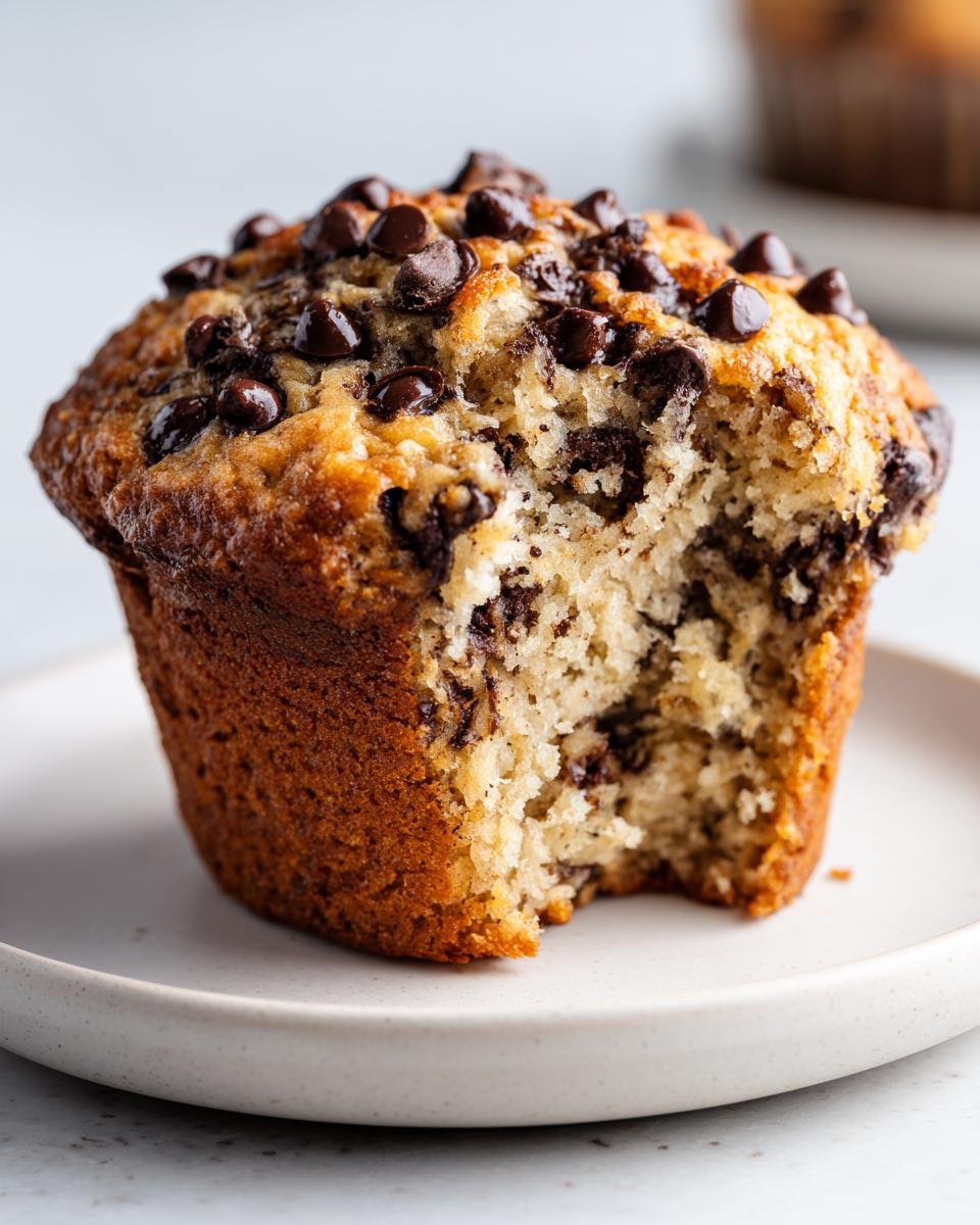 A moist Chocolate Chip Banana Bread Muffin with a bite taken out, showing the soft interior and chocolate chips.