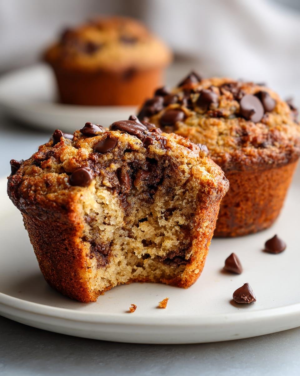 Close-up of a Chocolate Chip Banana Bread Muffins, one with a bite taken out showing melted chocolate chips inside.