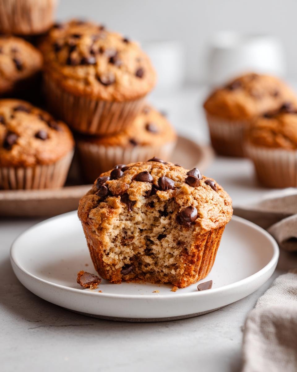 Close-up of a Chocolate Chip Banana Bread Muffins with a bite taken out, showing moist interior and melted chips.