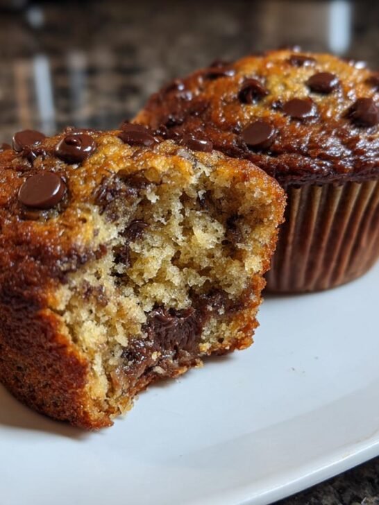 Two Chocolate Chip Banana Bread Muffins on a white plate, one of which has a bite taken out showing the moist interior.