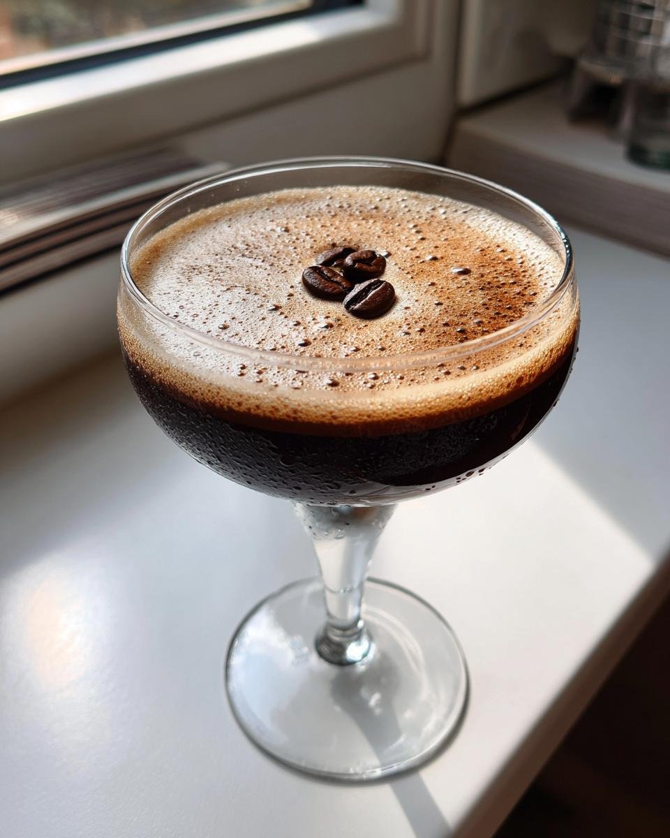 A chilled Chocolate Espresso Martini in a coupe glass, topped with foam and three coffee beans.