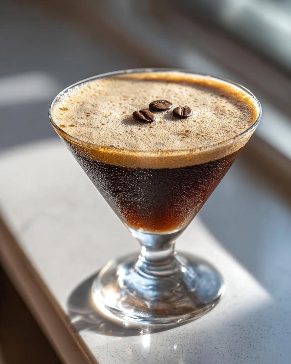 A chilled Chocolate Espresso Martini in a coupe glass, topped with rich foam and three coffee beans.