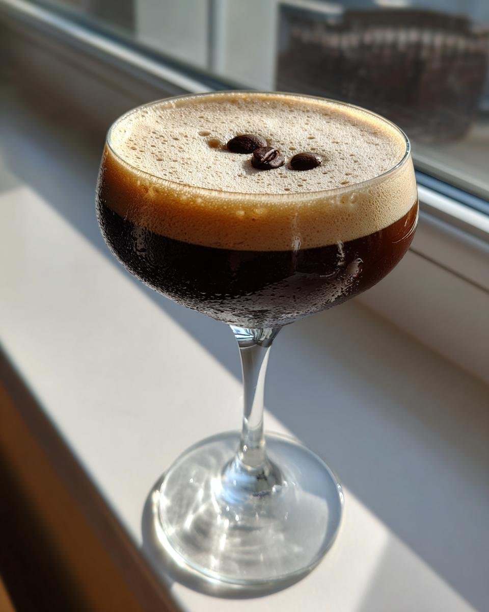 A chilled Chocolate Espresso Martini in a coupe glass, topped with rich foam and three coffee beans.