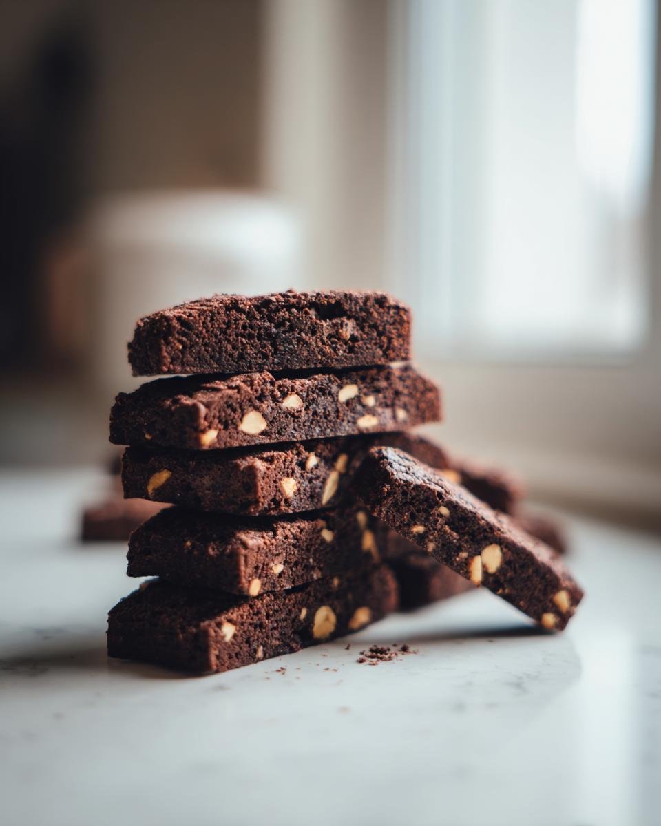 A stack of rich, dark Chocolate Hazelnut Biscotti pieces studded with visible hazelnuts on a white marble surface.