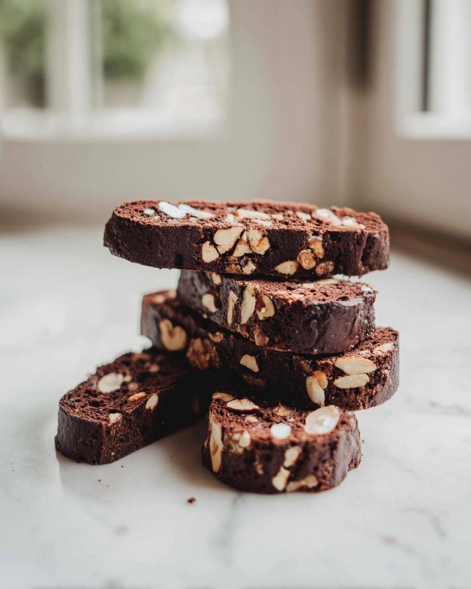 A stack of dark brown Chocolate Hazelnut Biscotti slices studded with visible hazelnut pieces.
