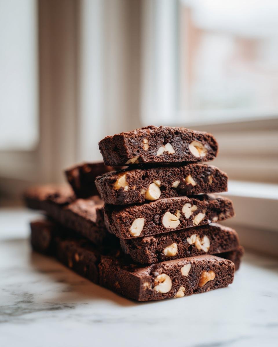 A stack of rich, dark Chocolate Hazelnut Biscotti slices showing whole hazelnuts embedded in the texture.