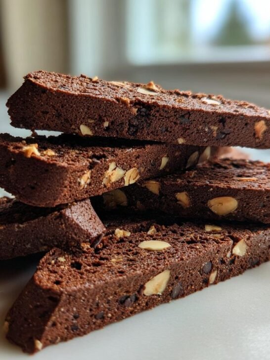 A stack of rich, dark Chocolate Hazelnut Biscotti slices studded with visible nuts, set against a bright background.