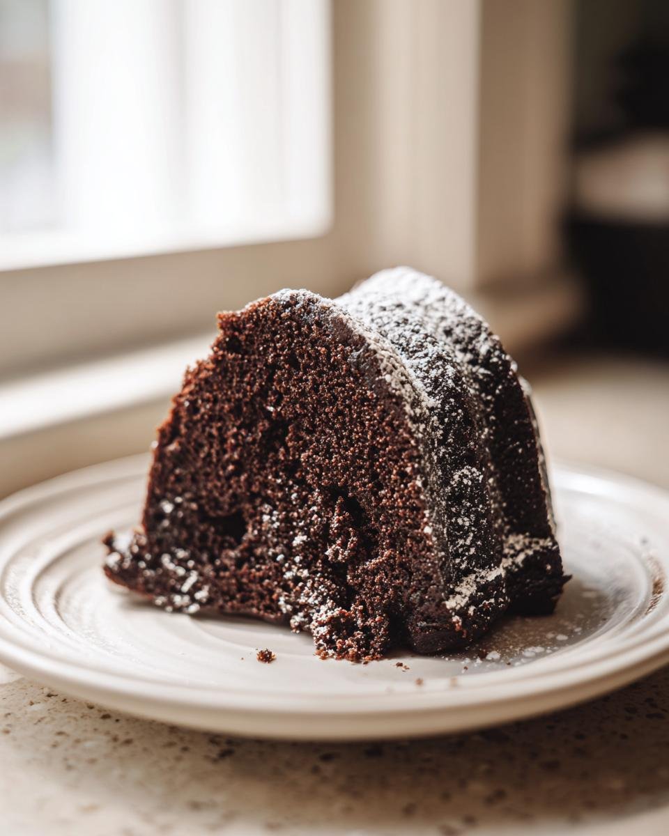 A close-up slice of dark, moist Chocolate Mocha Bundt Cake dusted lightly with powdered sugar on a cream plate.