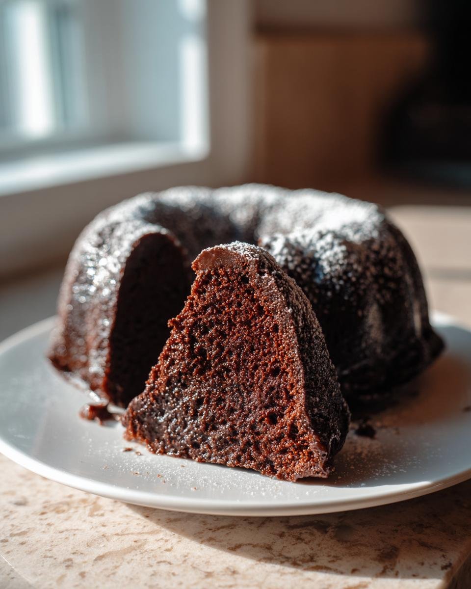 A slice cut from a rich, dark Chocolate Mocha Bundt Cake dusted with powdered sugar.