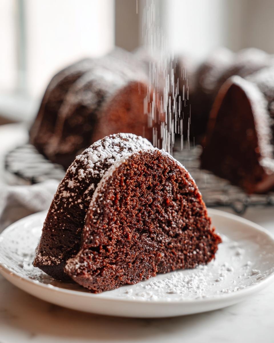 Two slices of rich Chocolate Mocha Bundt Cake being dusted with powdered sugar.