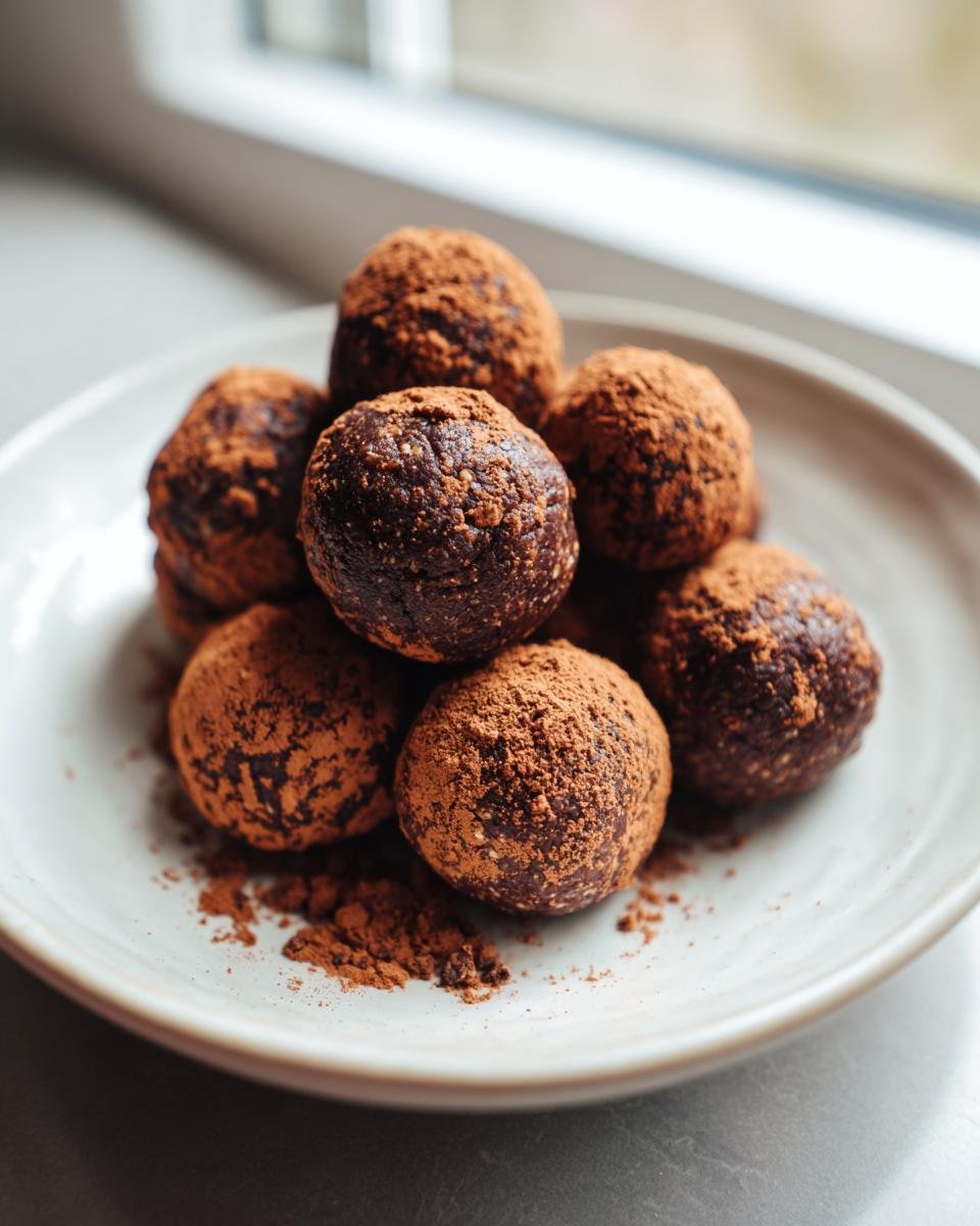 A stack of rich, dark Chocolate Peanut Butter Energy Balls dusted heavily with cocoa powder, served in a light ceramic bowl.