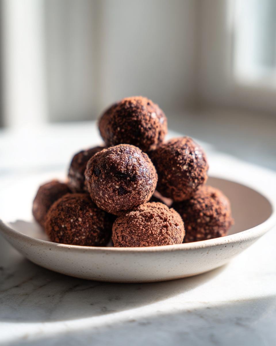 A stack of rich, dark Chocolate Peanut Butter Energy Balls dusted heavily with cocoa powder, served in a light ceramic bowl.
