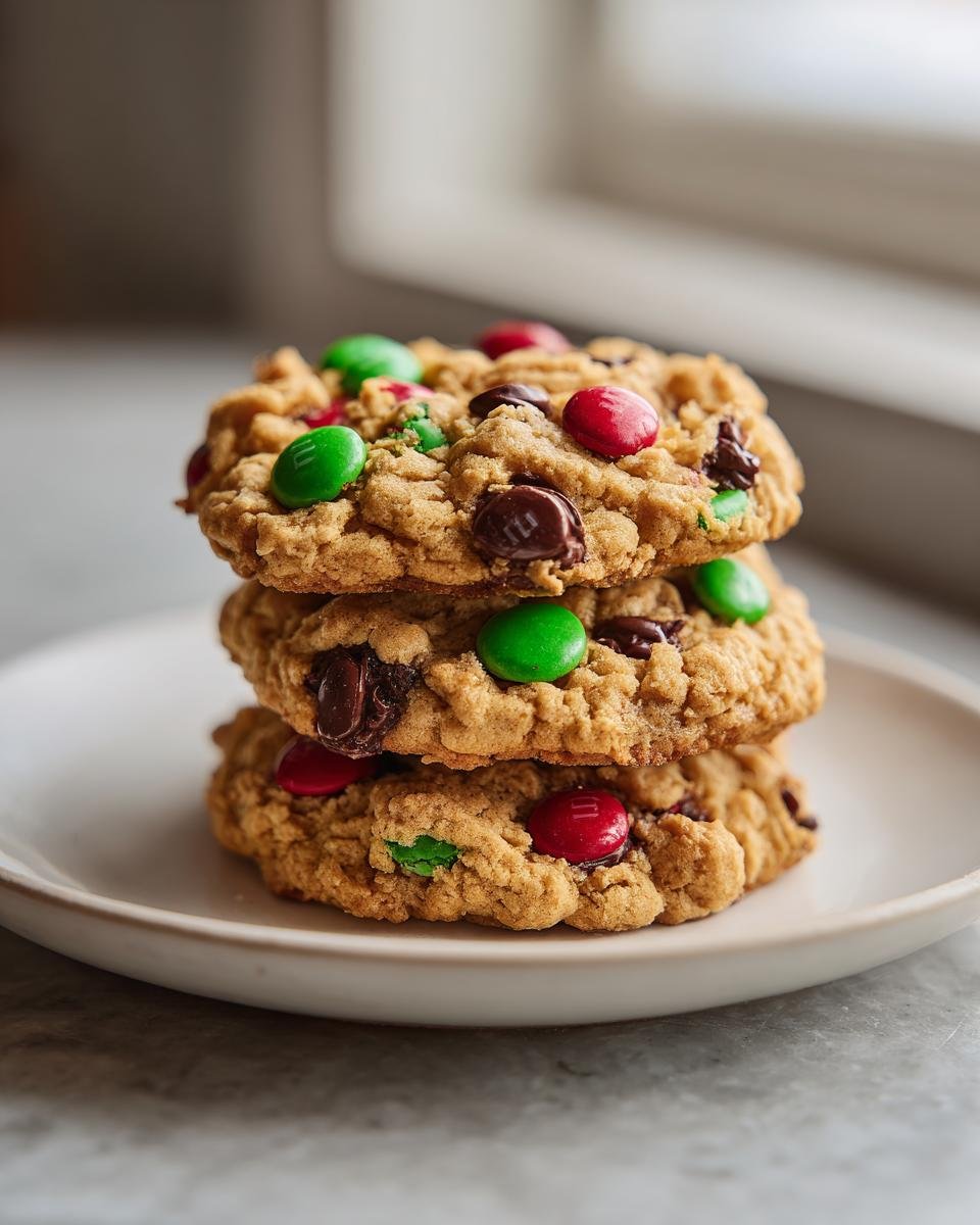A stack of three chewy Christmas Monster Cookies loaded with chocolate chips and red and green M&Ms.