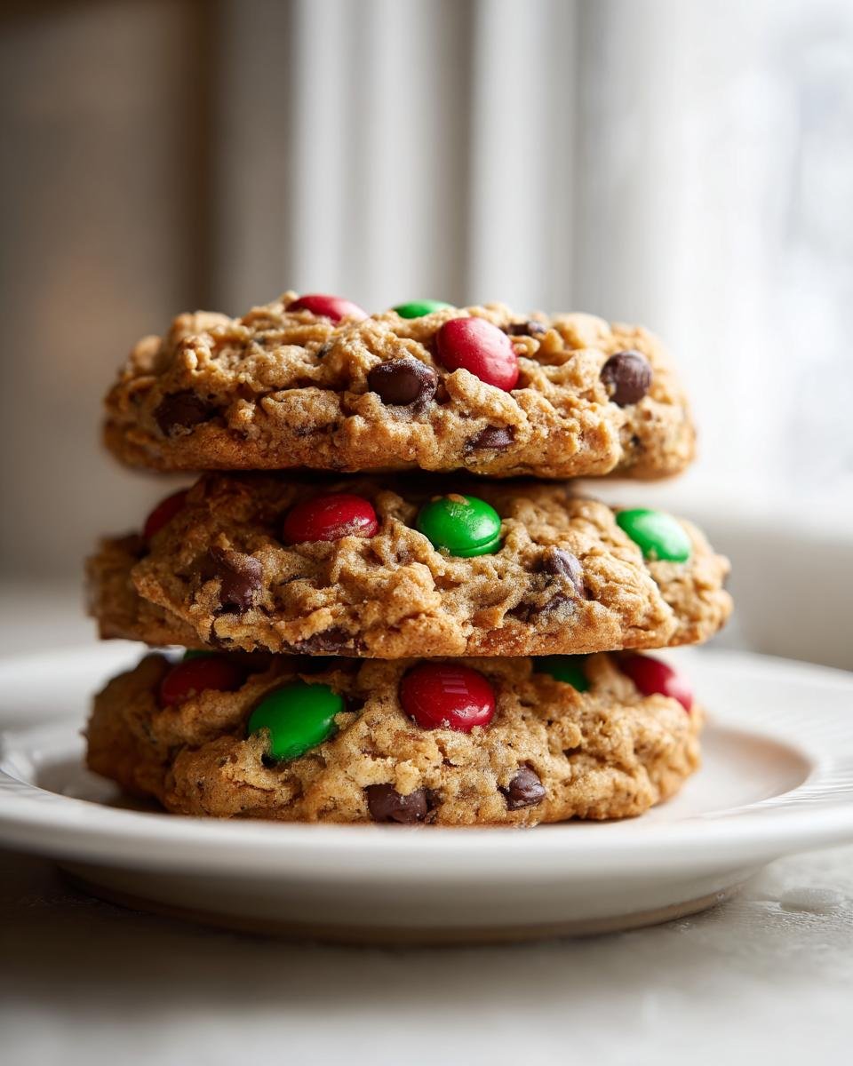A stack of three chewy Christmas Monster Cookies loaded with chocolate chips and red and green M&Ms.