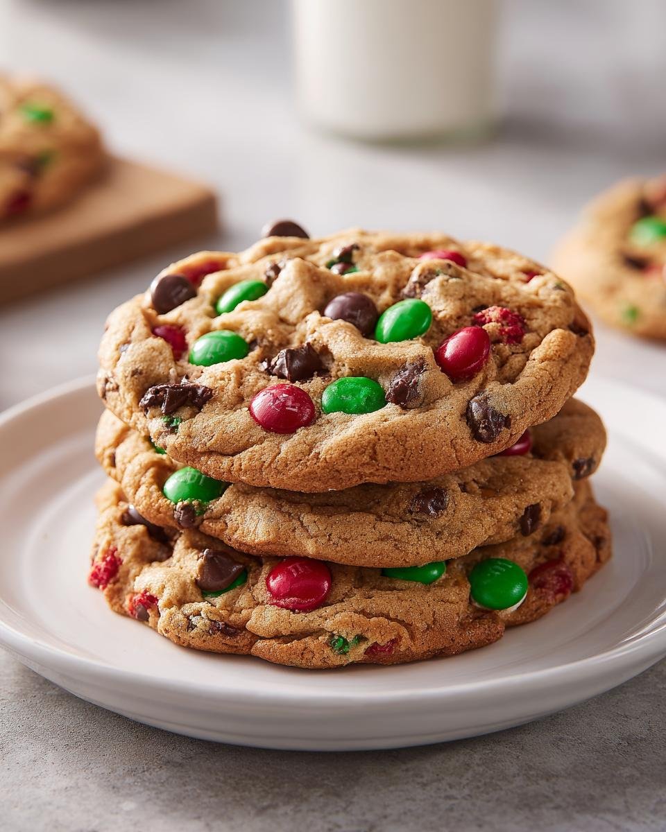 A stack of three chewy Christmas Monster Cookies loaded with chocolate chips and red and green candies.