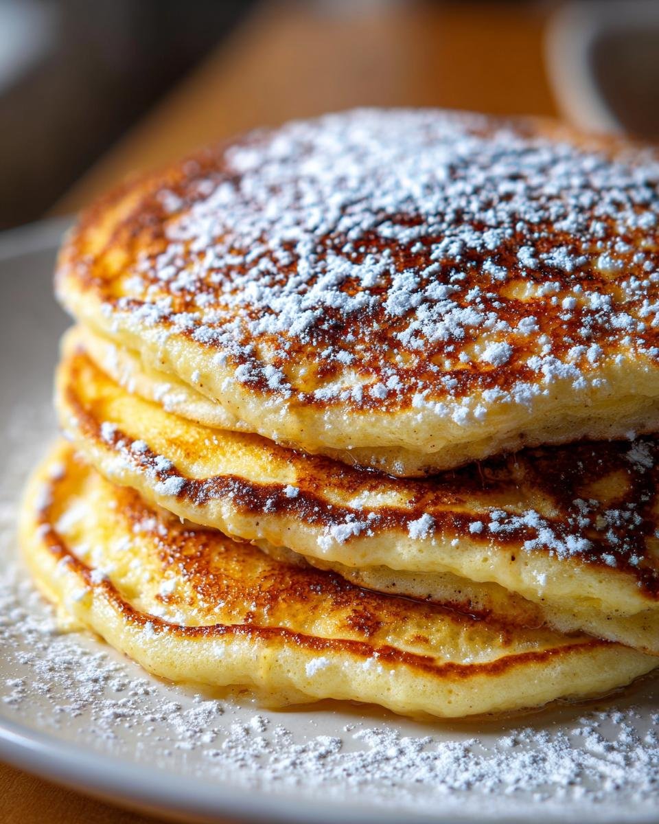 Close-up of a tall stack of golden brown Christmas Morning Eggnog Pancakes dusted heavily with powdered sugar.