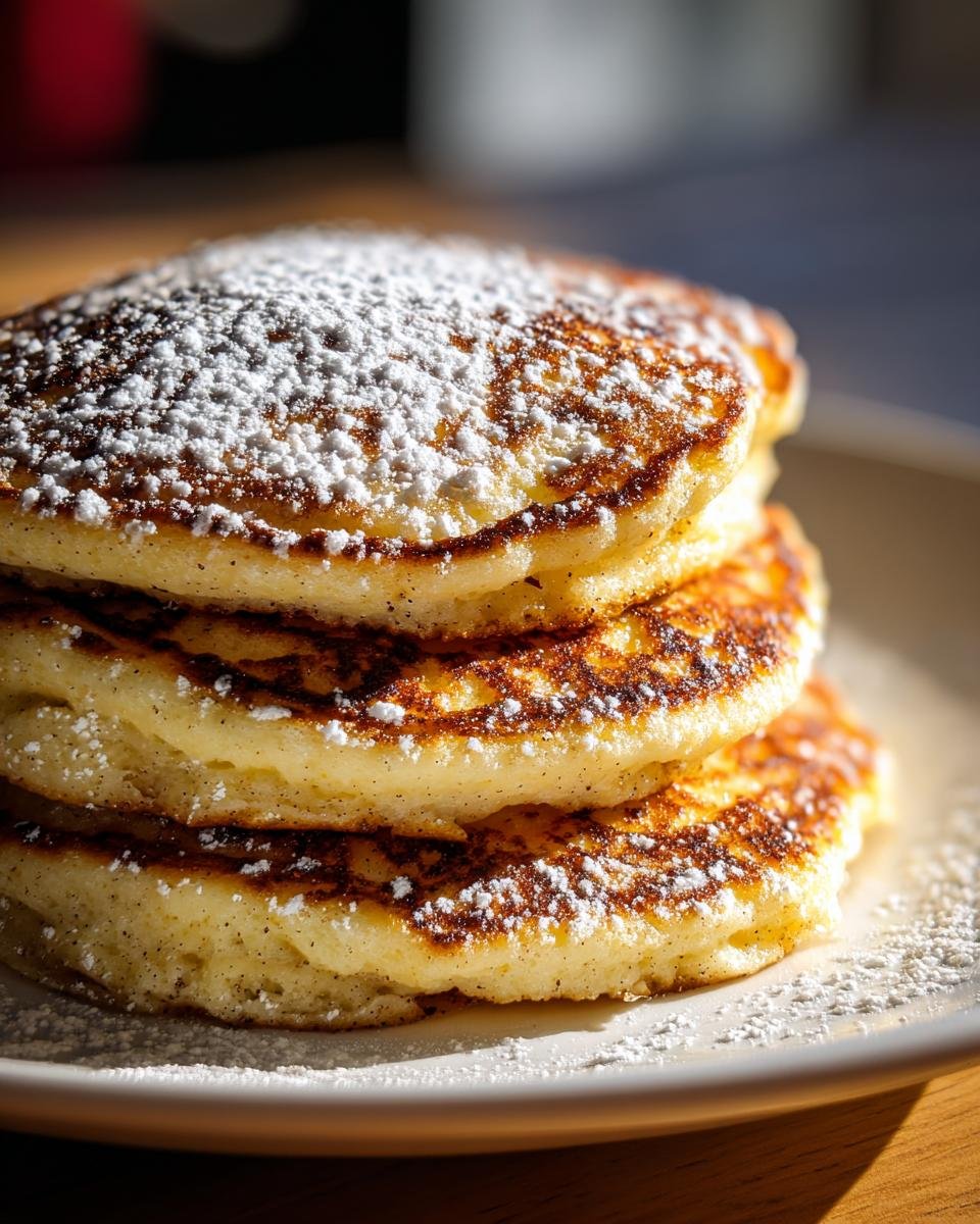 Close-up of a stack of fluffy Christmas Morning Eggnog Pancakes topped generously with powdered sugar.
