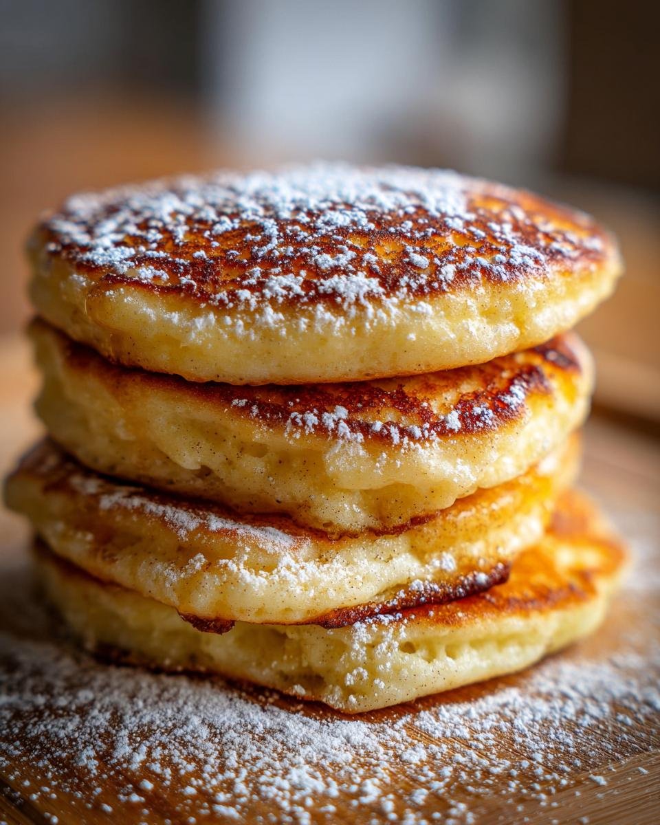 A close-up of a tall stack of fluffy Christmas Morning Eggnog Pancakes dusted heavily with powdered sugar.