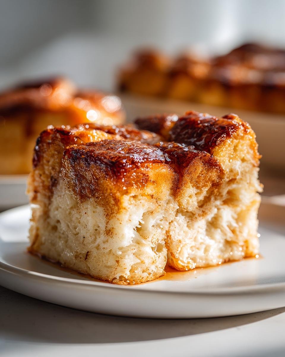 Close-up of a square serving of Cinnamon Brown Butter French Toast Casserole with a glossy, caramelized topping.