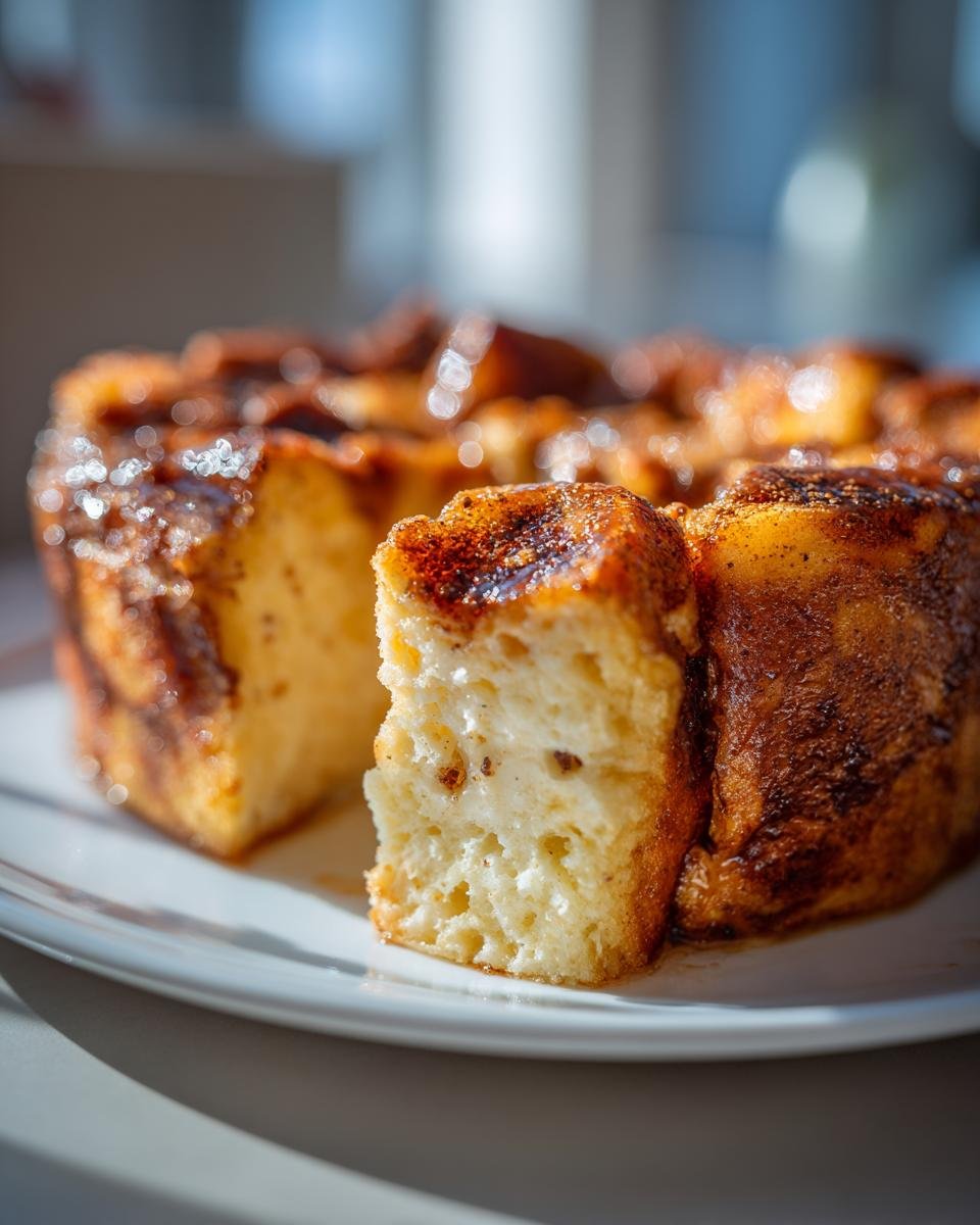 Close-up of a serving of Cinnamon Brown Butter French Toast Casserole, showing the soft interior and caramelized topping.