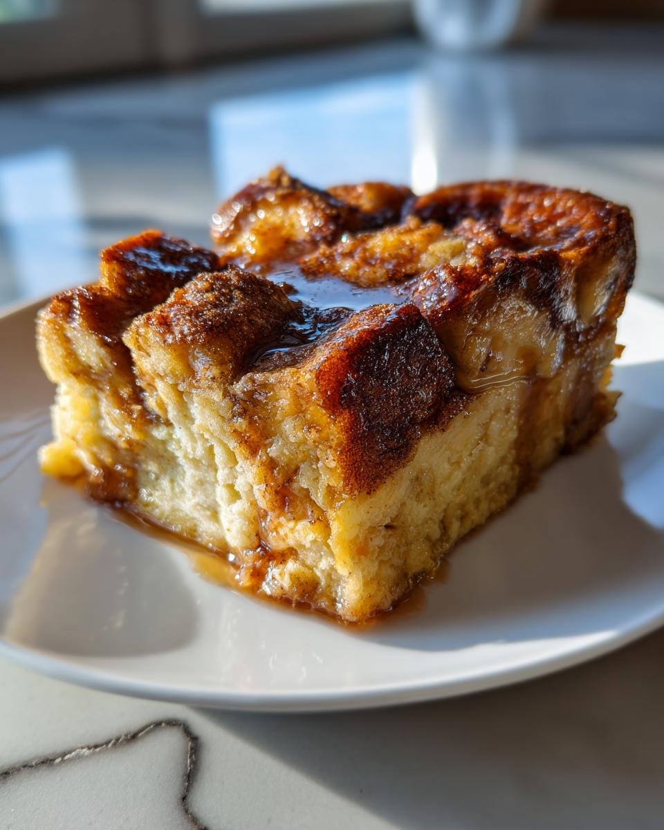 A close-up of a square serving of Cinnamon Brown Butter French Toast Casserole drizzled with syrup on a white plate.