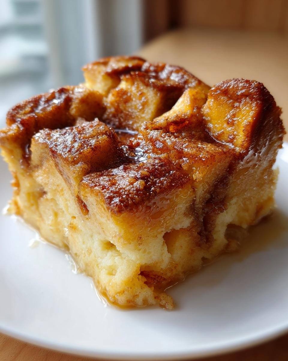 Close-up of a moist slice of Cinnamon Brown Butter French Toast Casserole with a caramelized, syrupy topping.