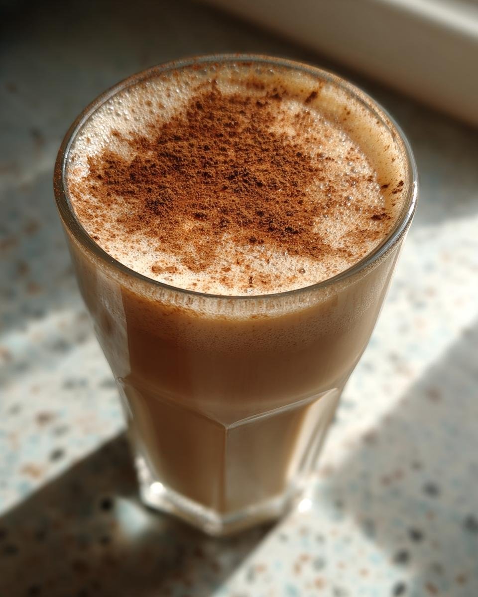 Close-up of a Cinnamon Maple Eggnog Mocktail in a glass, topped with frothy foam and a dusting of cinnamon.