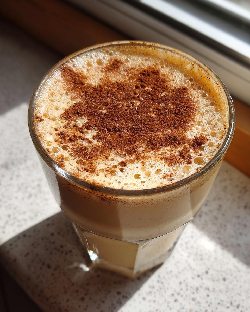 Close-up of a glass containing a creamy Cinnamon Maple Eggnog Mocktail, topped with foamy milk and dusted heavily with cinnamon.