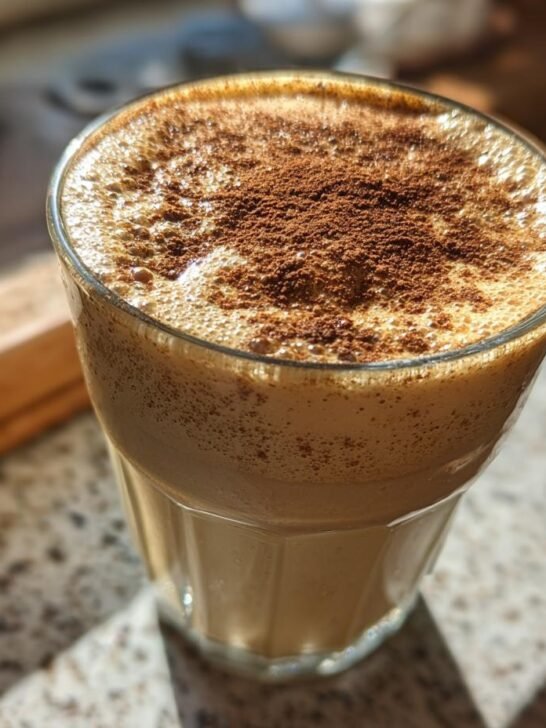 Close-up of a frothy Cinnamon Maple Eggnog Mocktail topped with ground cinnamon in a clear glass.