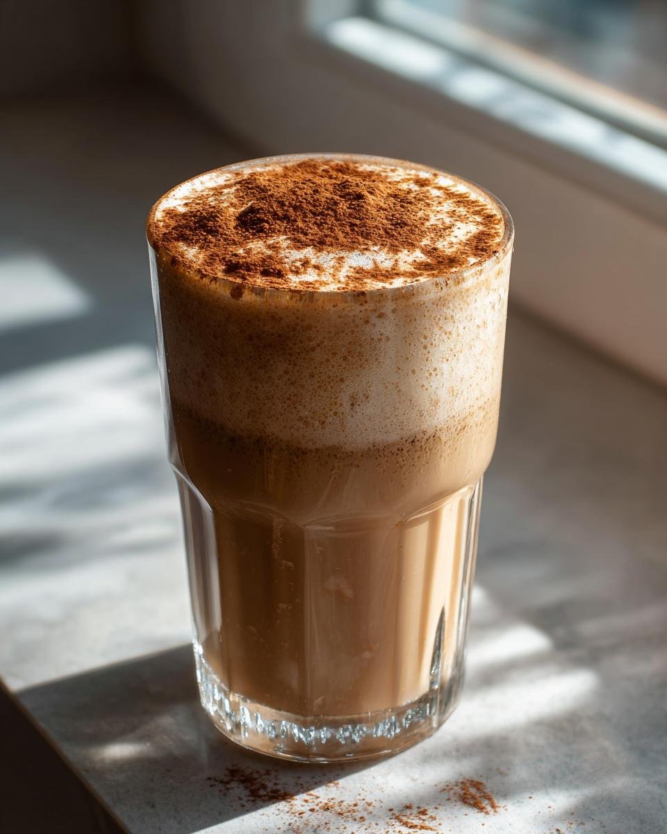 A tall glass filled with a frothy Cinnamon Maple Eggnog Mocktail, topped generously with cinnamon powder.