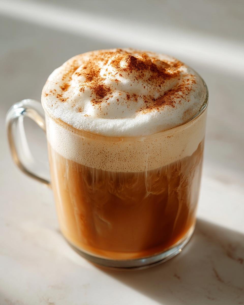 Close-up of a Cinnamon Maple Oat Latte in a clear mug, topped with thick foam and sprinkled cinnamon.