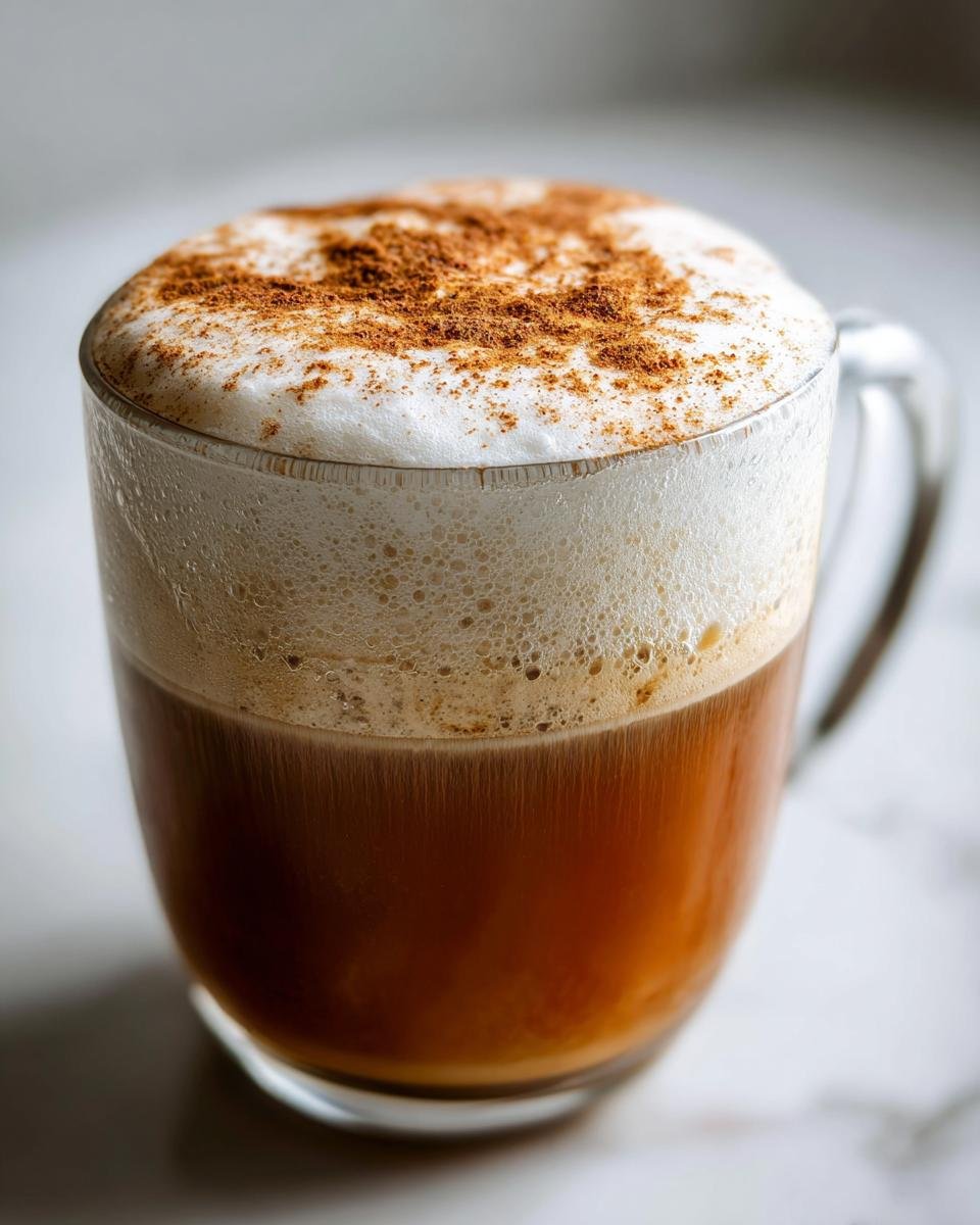 Close-up of a Cinnamon Maple Oat Latte with thick foam topped with ground cinnamon.