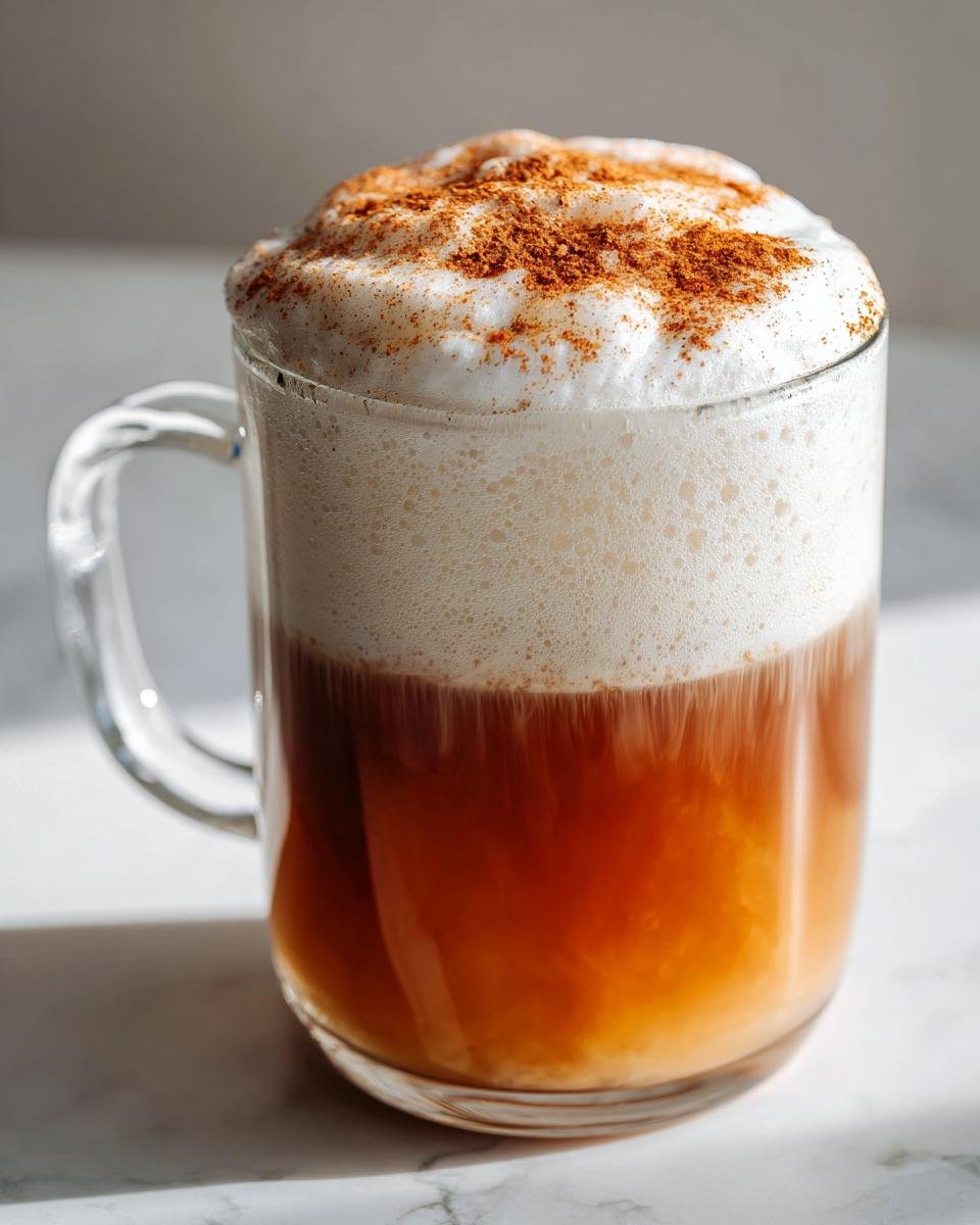Close-up of a Cinnamon Maple Oat Latte topped with thick foam and a dusting of cinnamon.