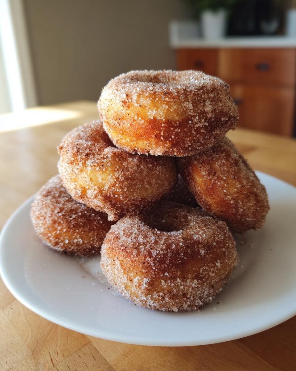 A stack of freshly made Cinnamon Sugar Baked Donuts heavily coated in sparkling sugar crystals on a white plate.