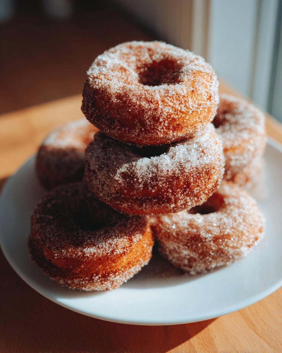 A stack of freshly made Cinnamon Sugar Baked Donuts heavily coated in sparkling sugar, resting on a white plate.