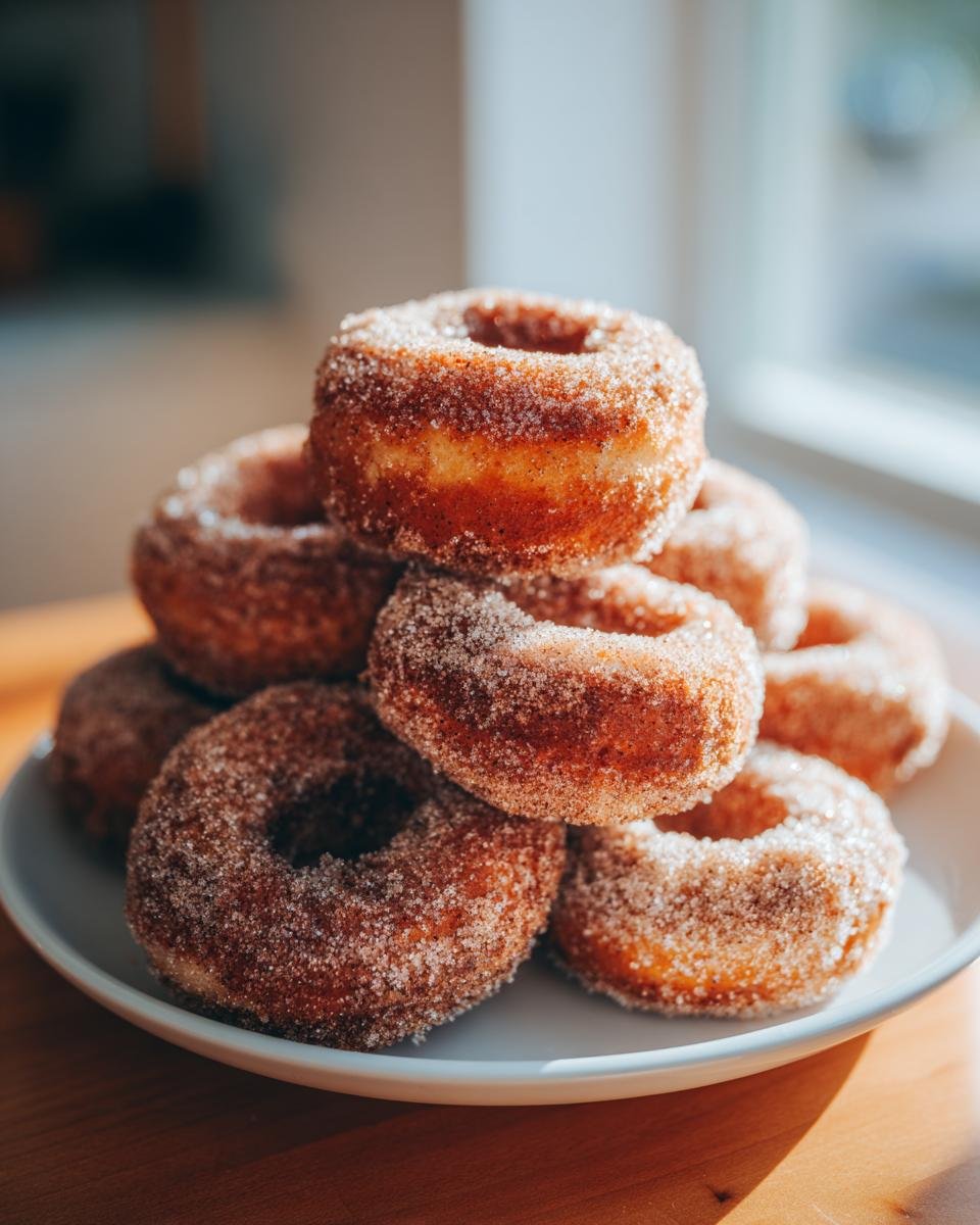 A tempting stack of golden Cinnamon Sugar Baked Donuts generously coated in sparkling sugar.