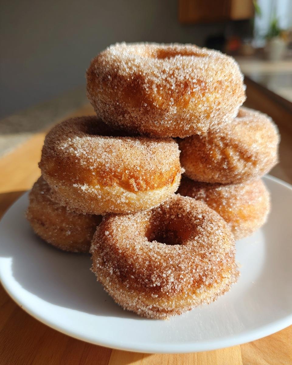 A stack of freshly made Cinnamon Sugar Baked Donuts coated heavily in sparkling sugar and cinnamon mix.