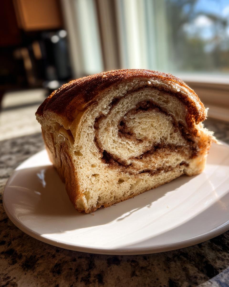 A close-up slice of Cinnamon Swirl Eggnog Bread showing the rich cinnamon swirl and sugary top.